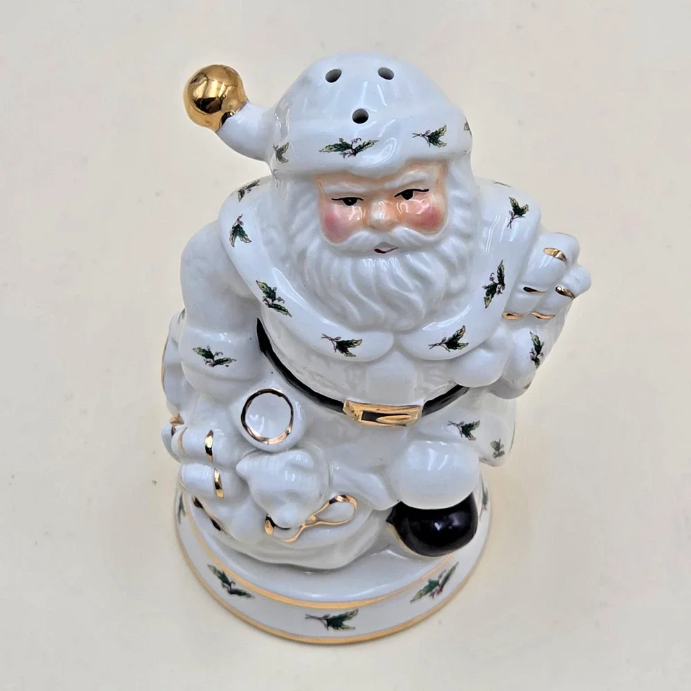 Holly Holiday Santa Ceramic Salt & Pepper Shakers Gold Trim Home Vintage 1999